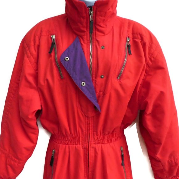 Vintage Obermeyer Garbo Snow Suit Insulated Red Purple Hood Thermolite 12